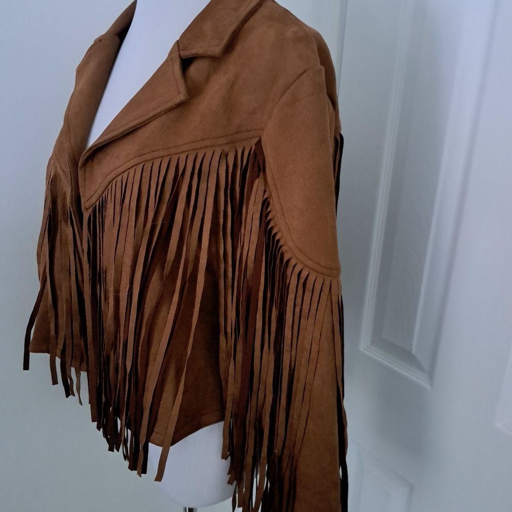 PrettyGarden Brown Faux Suede Fringe‎ Western Cropped Jacket New Large - Picture 4 of 8